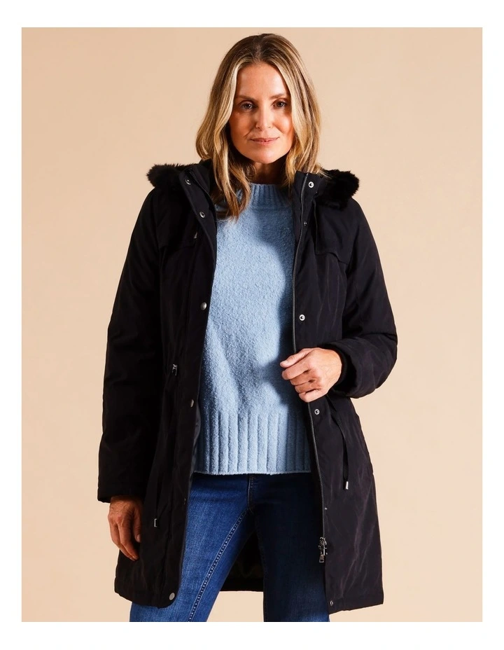 Longline Soft Fur Trim Jacket In Black