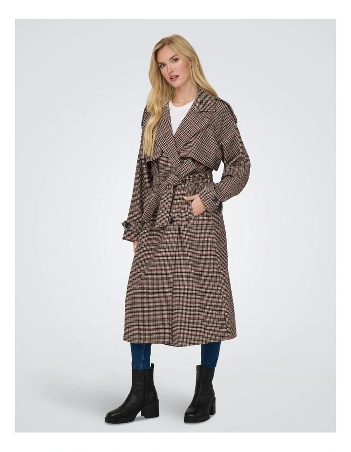 Daisy Check Long Trench Coat in Dark Earth