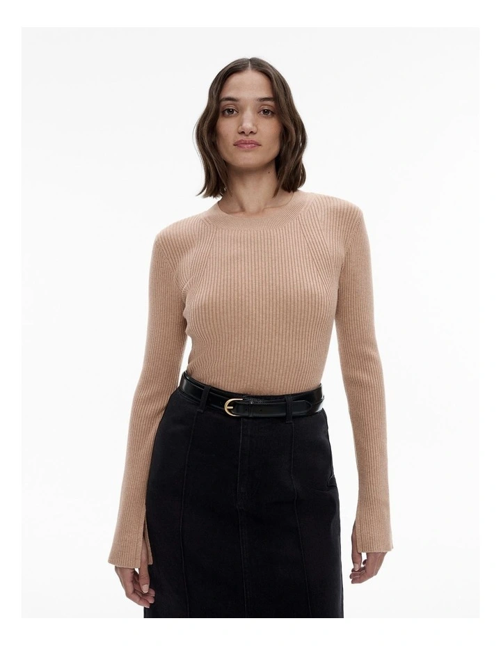Wool Blend Crew Rib Knit Top in Natural Marle
