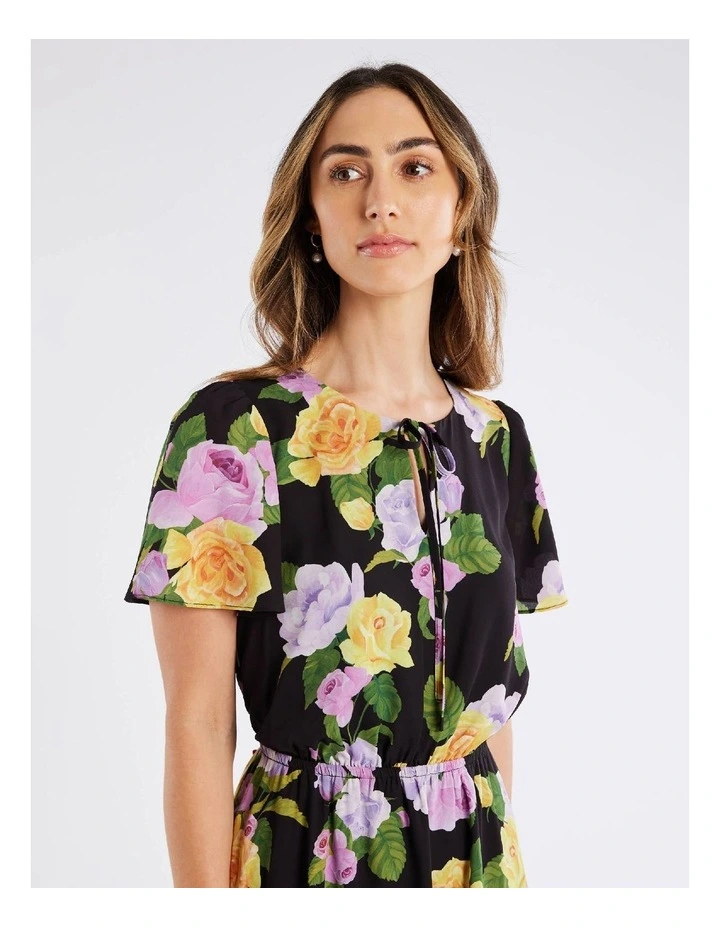 Rose Cascade Midi Dress in Black/Multi