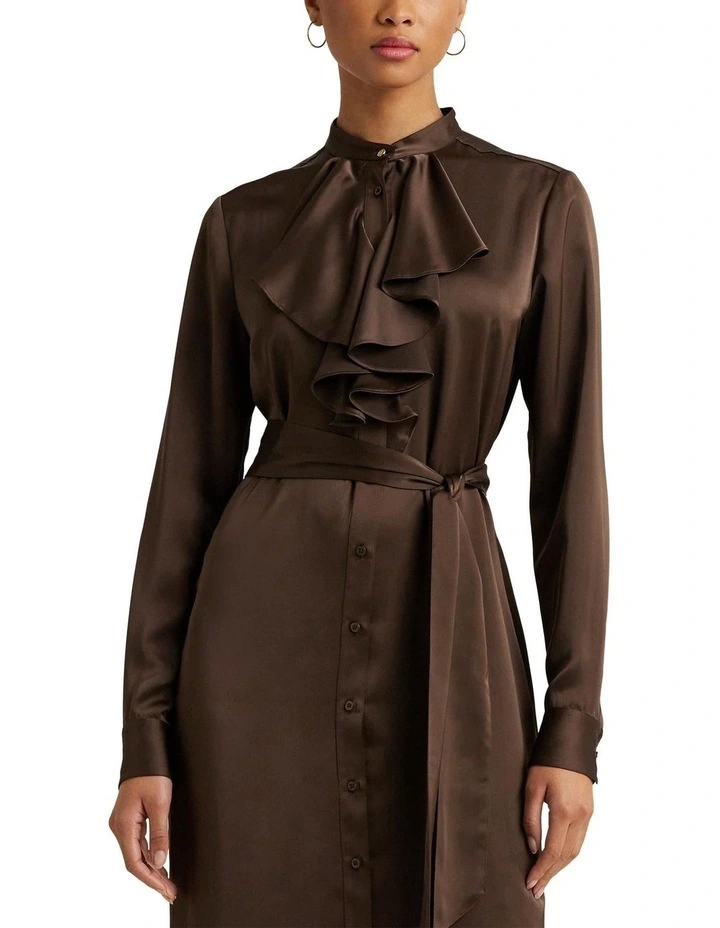 Ruffle-Trim Satin Charmeuse Shirtdress in Brown