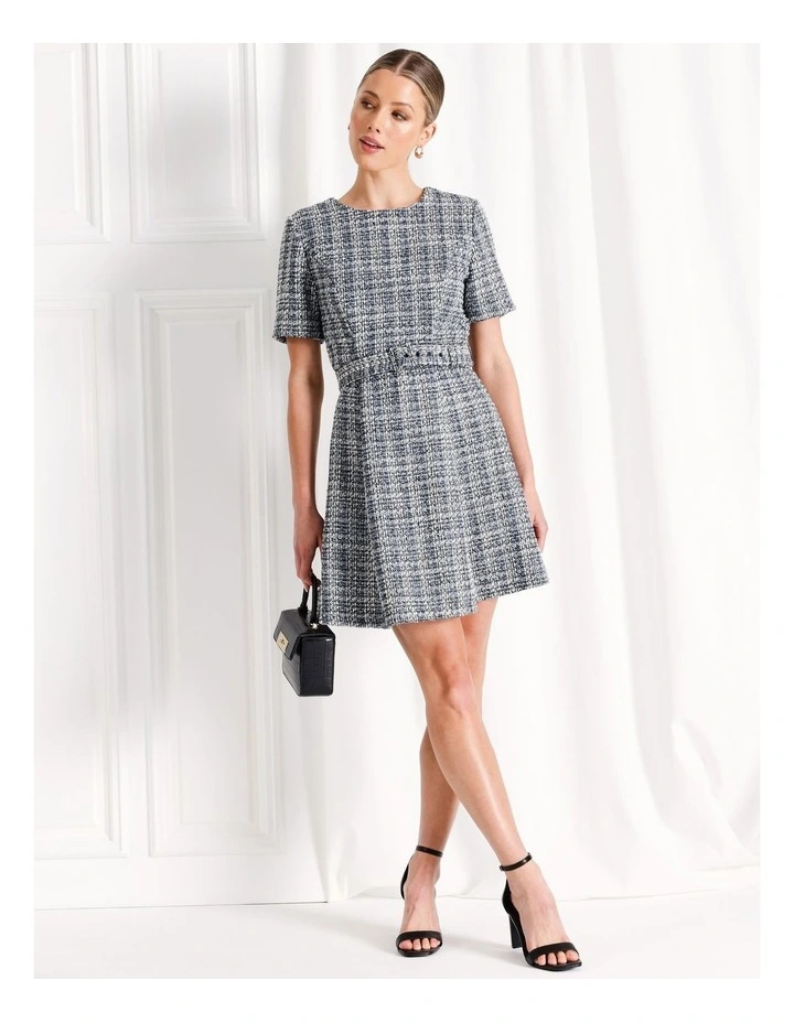 Boucle Belted Fit And Flare Mini Dress in Blue