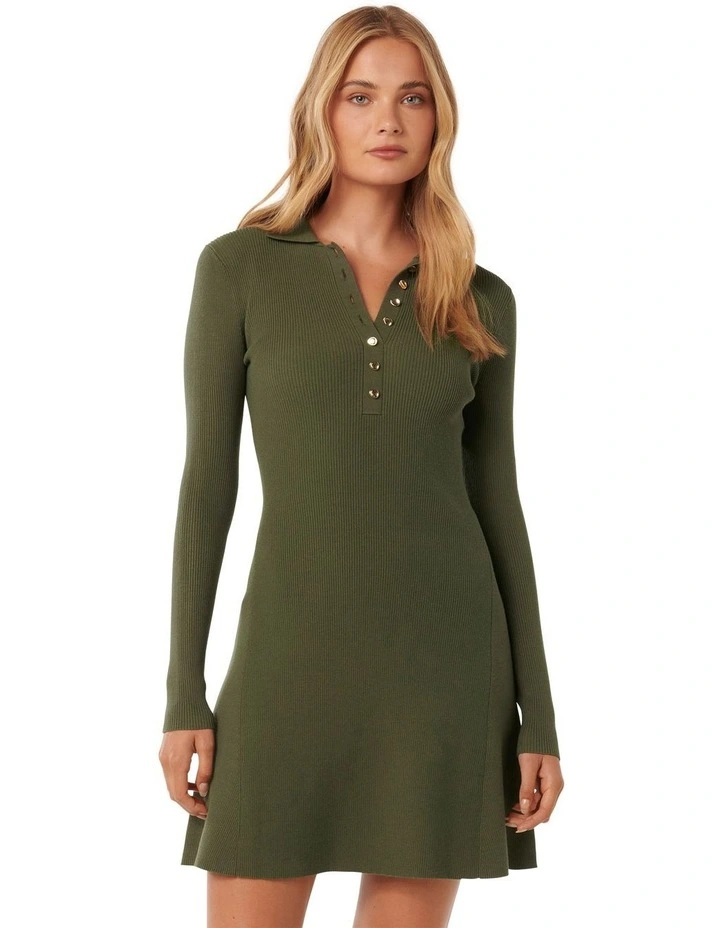 Joanna Half Placket Ribbed Mini Dress in Green