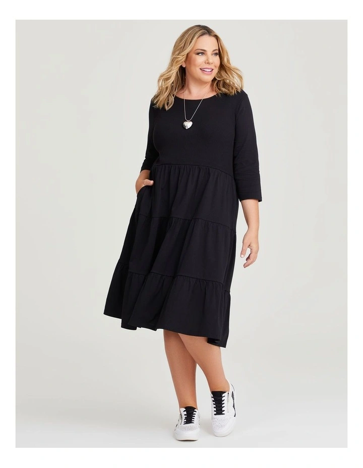 Cotton Rib Tiered Dress in Black