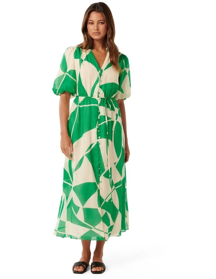 Loanne Puff Sleeve Midi Dress in Green
