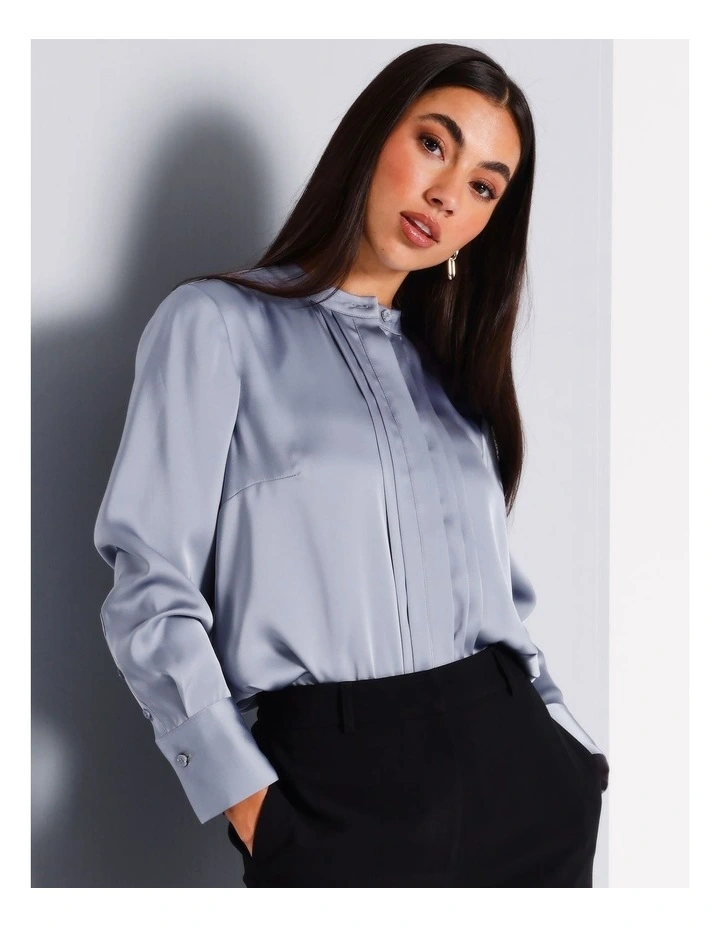 Recycled Polyester Satin Pintuck Shirt in Dusty Blue