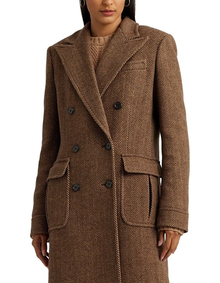 Double-Breasted Herringbone Coat in Brown