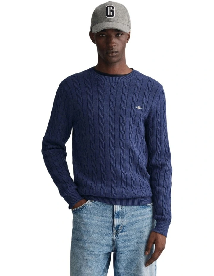 Cotton Cable Knit Crew Neck Sweater in Marine Melange