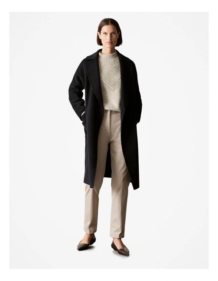 Double Faced Wool Belted Wrap Coat in Black