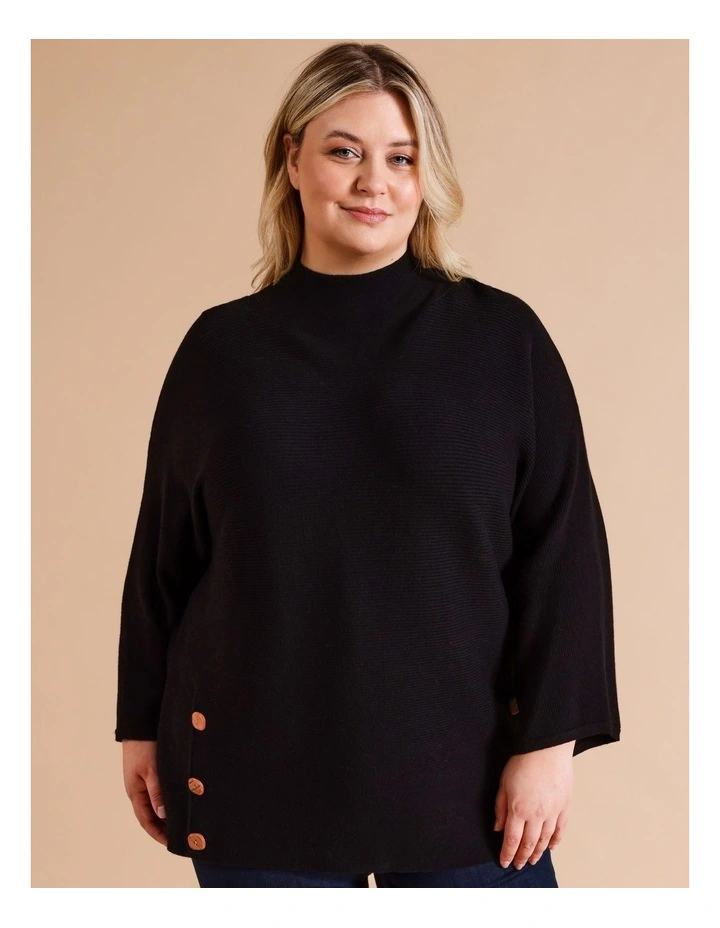 Sustainable Viscose Blend Button Side Magyar Sleeve Jumper In Black