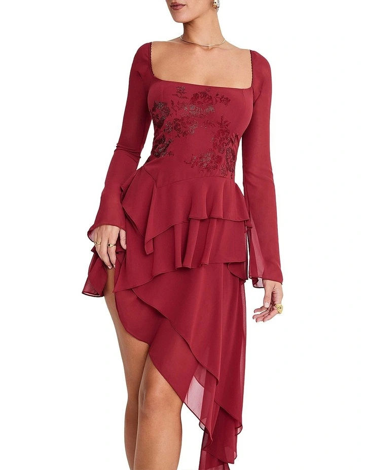 Crystallised Hanky Hem Dress in Ruby