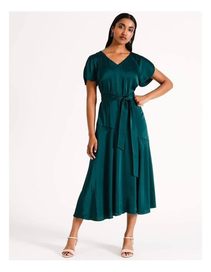 V Neck Satin Midi Dress in Dark Green