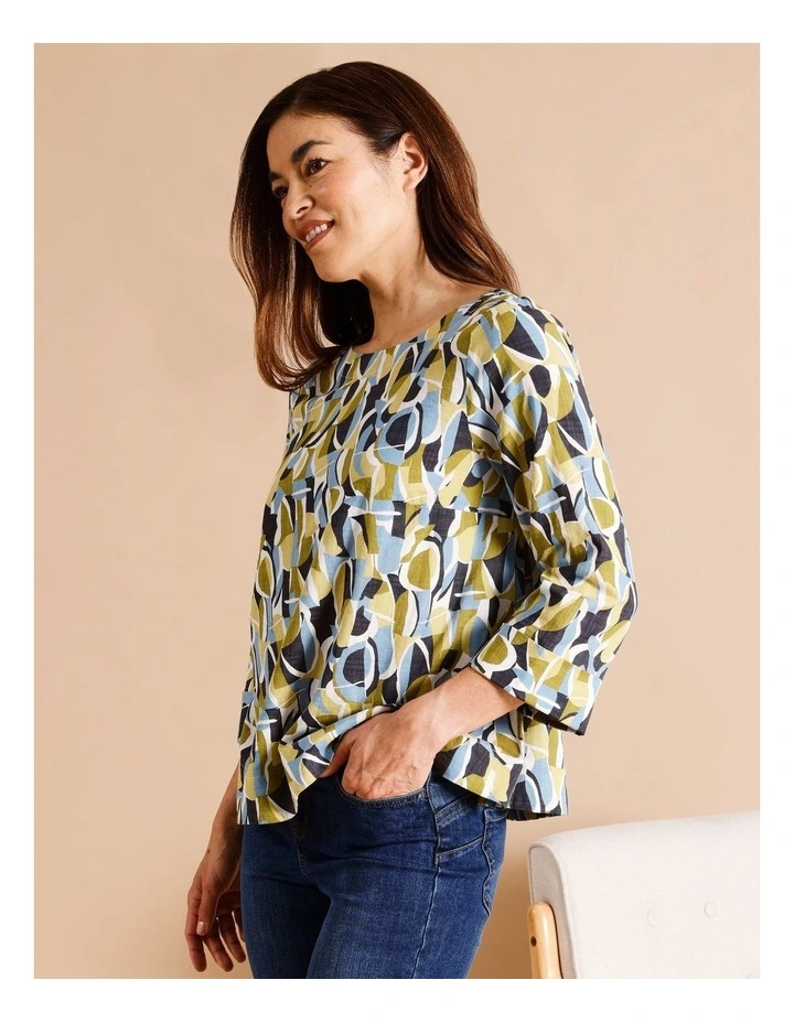 Organic Cotton Blend 3/4 Sleeve Swing Top in Blues/Greys/Olive Abstract