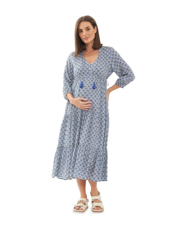 Mila Longline Tiered Dress in Natural/Petrol