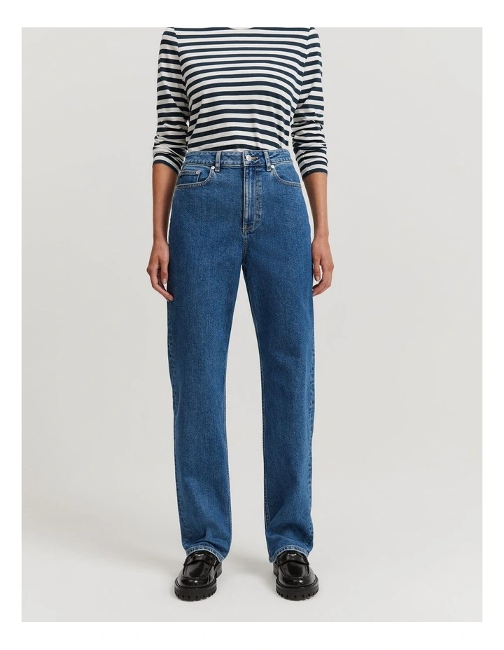 High Rise Straight Leg Jean in Mid Blue Wash