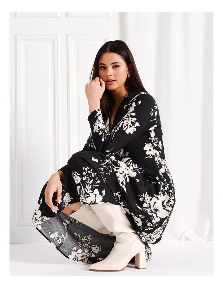 Twist Front Midi Shirt Dress in Black