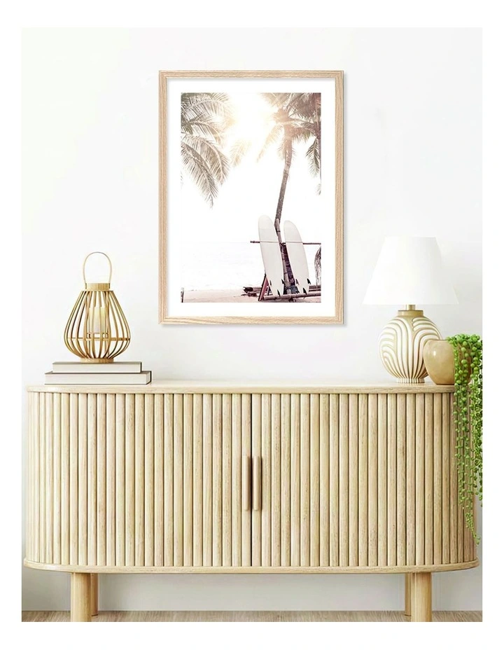 Australian Made Surfboard Sunrise Art Print A2 in Natural Frame