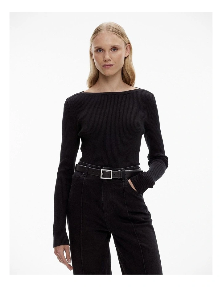 Wool Blend Boat Neck Knit in Black