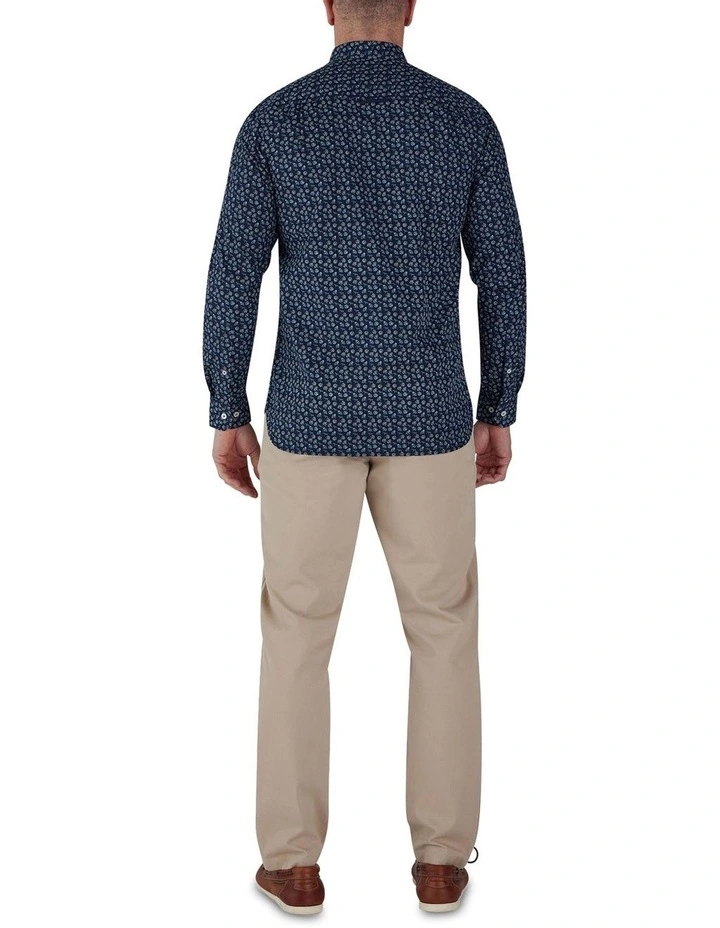 Cotton Poplin Daisy Print Long Sleeve Shirt in Blue