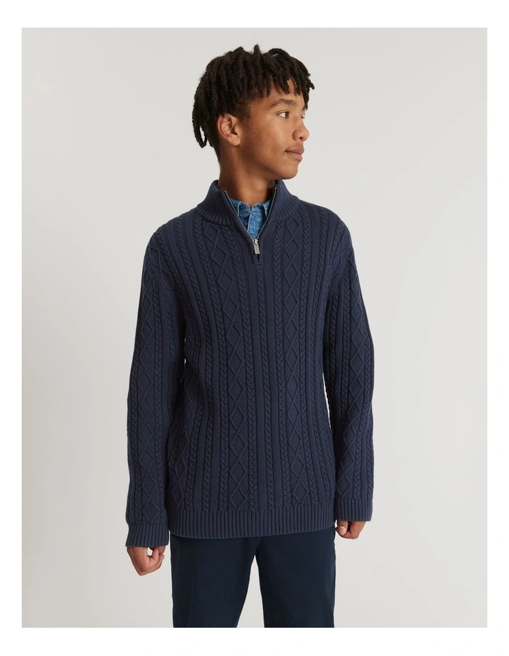 Teen Organically Grown Cotton Cable Half Zip Knit in Navy