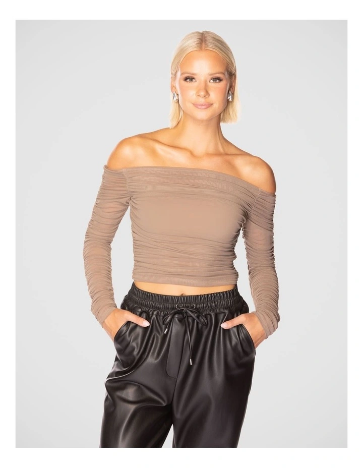 Kai Off Shoulder Mesh Top in Taupe