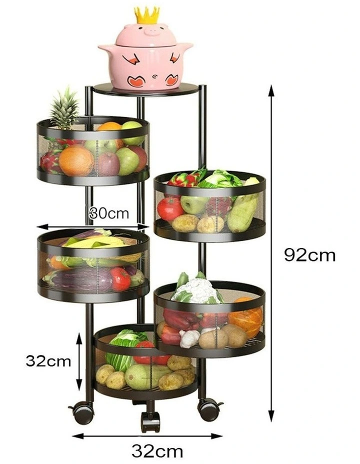 5 Tier Steel Round Rotating Kitchen Storage Organizer with Wheels in Black