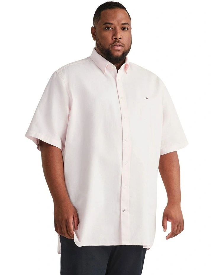 Big & Tall Cotton/Linen Dobby Short Sleeve Shirt in Pink