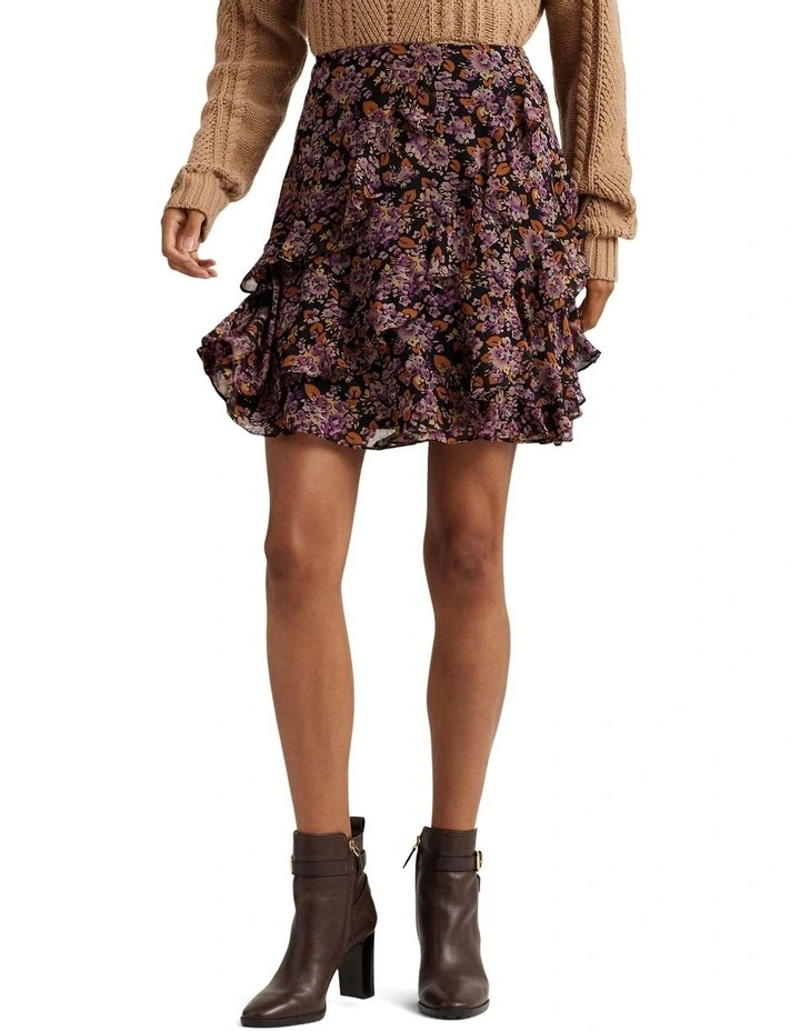 Floral Ruffle-Trim Georgette Skirt in Multi