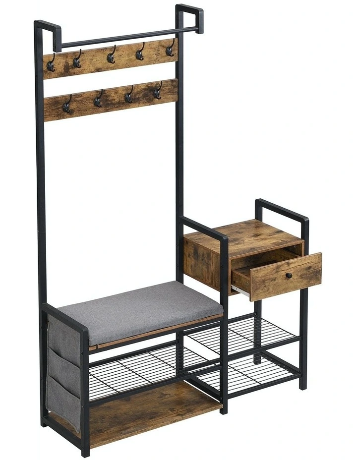Hall Tree Entryway Bench with Storage Drawer 6-in-1 in Rustic Dark Brown