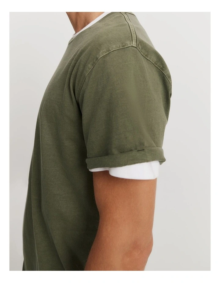 Australian Cotton Longline Garment Dyed T-shirt in Khaki Green