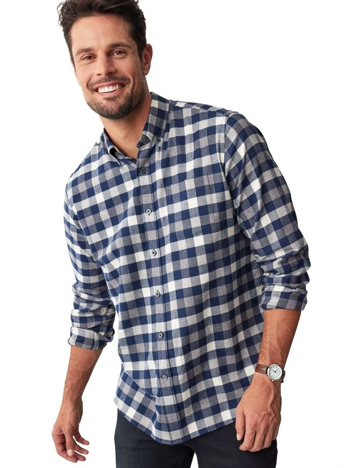 Brushed Twill Box Check Shirt in Charcoal