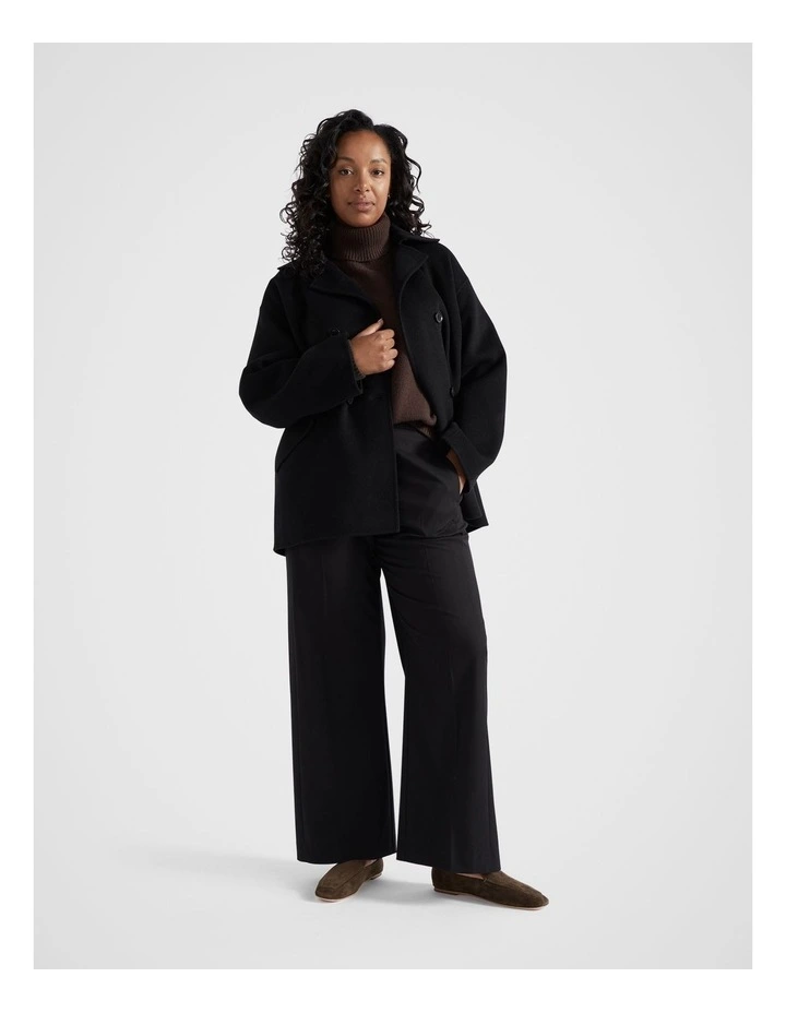 Wool Blend Boxy Mid Length Coat in Black