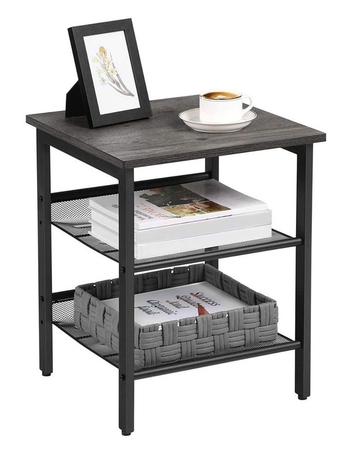Wooden Bedside Table with Shelves in Charcoal Gray