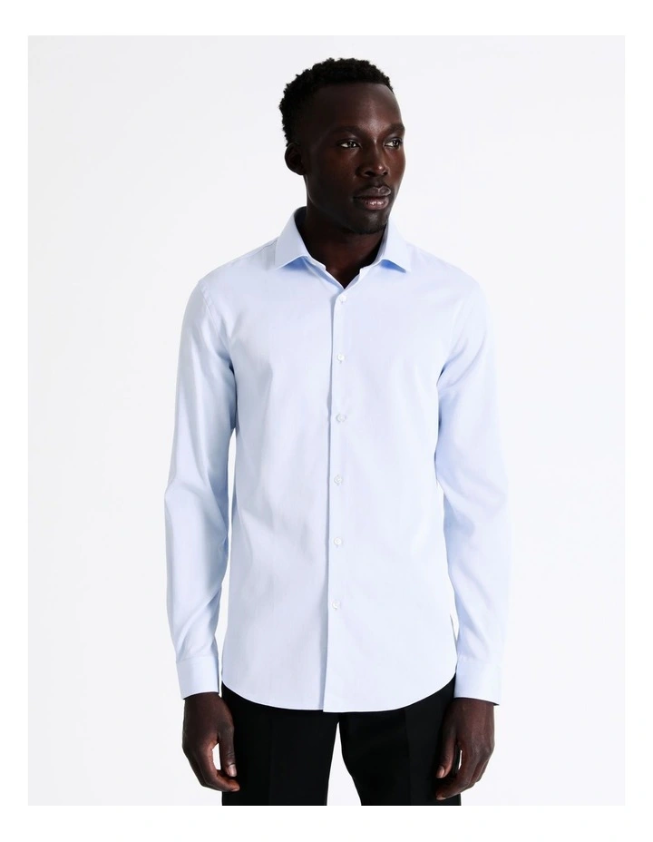 Slim Long Sleeve 1 Colour Dobby Shirt in Light Blue