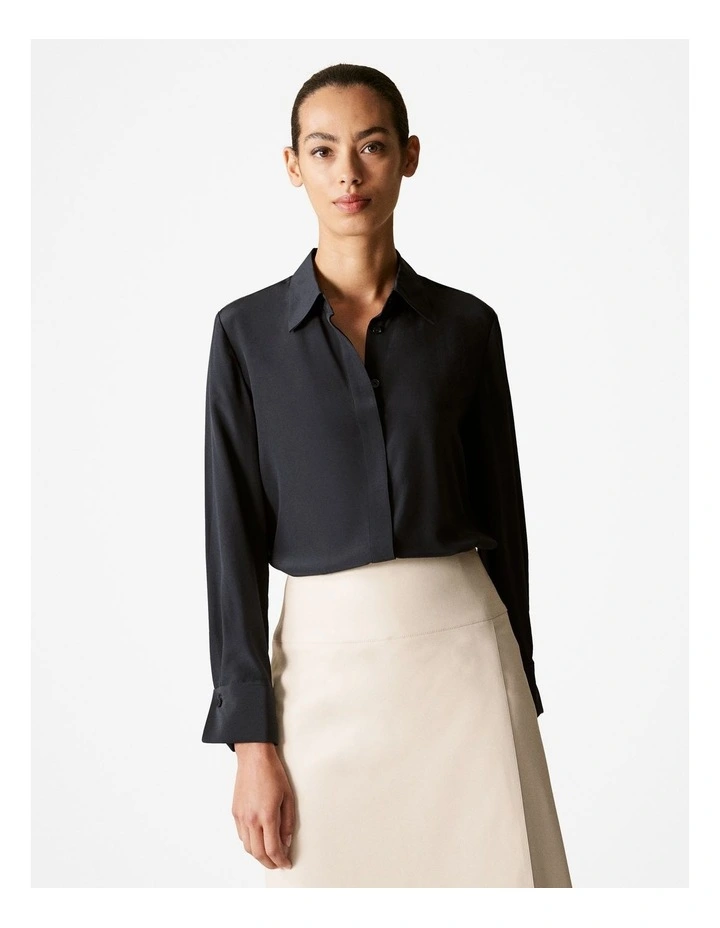 Silk Double Cuff Detail Shirt in Black