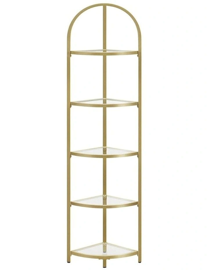 5 Tier Corner Ladder Bookshelf Tempered Glass Modern Style in Gold