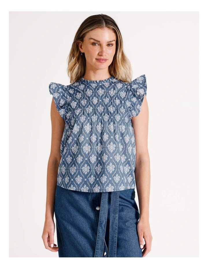 Organic Sleeveless Shirred Yoke Top in Marine