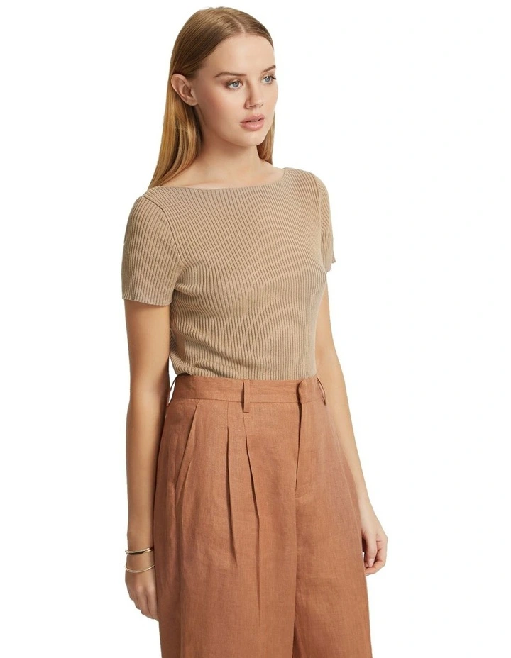 Keri Ribbed Boatneck Knit Top in Taupe