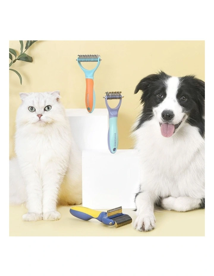 T10 Dual Head Dematting Rake Pet Grooming Comb in Blue/Yellow