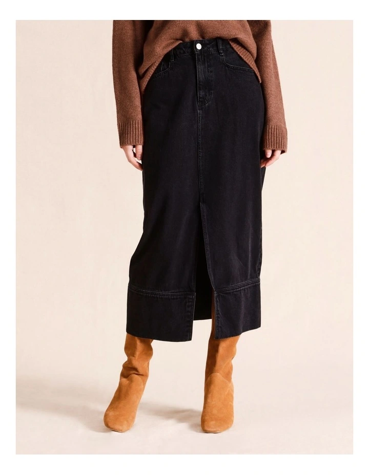 Denim Midi Split Front Skirt in Black