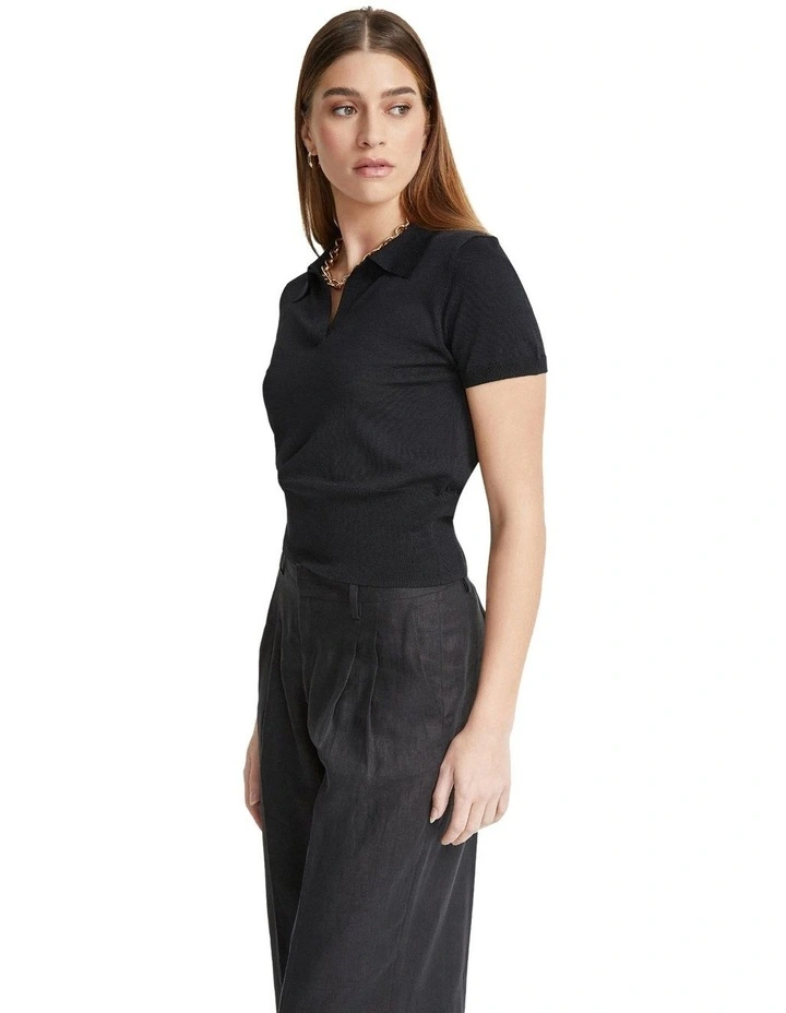 Short Sleeve Polo Neck Top in Black