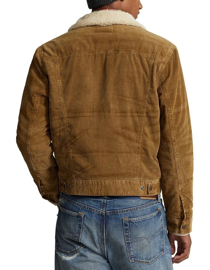 Fleece-Lined Corduroy Trucker Jacket in Beige