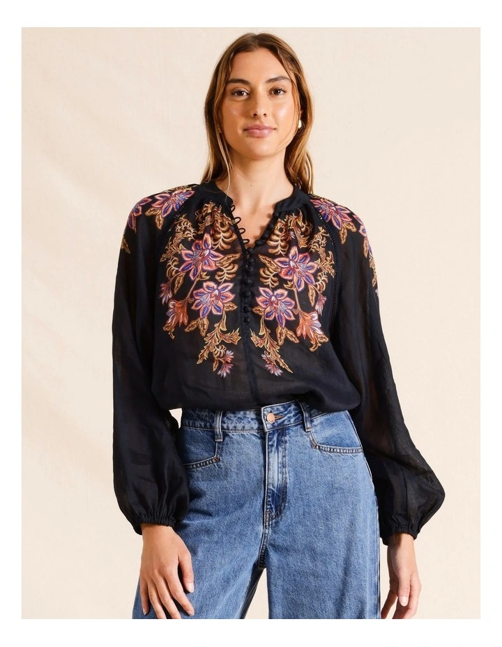 Ramie High Neck Button Blouse in Navy