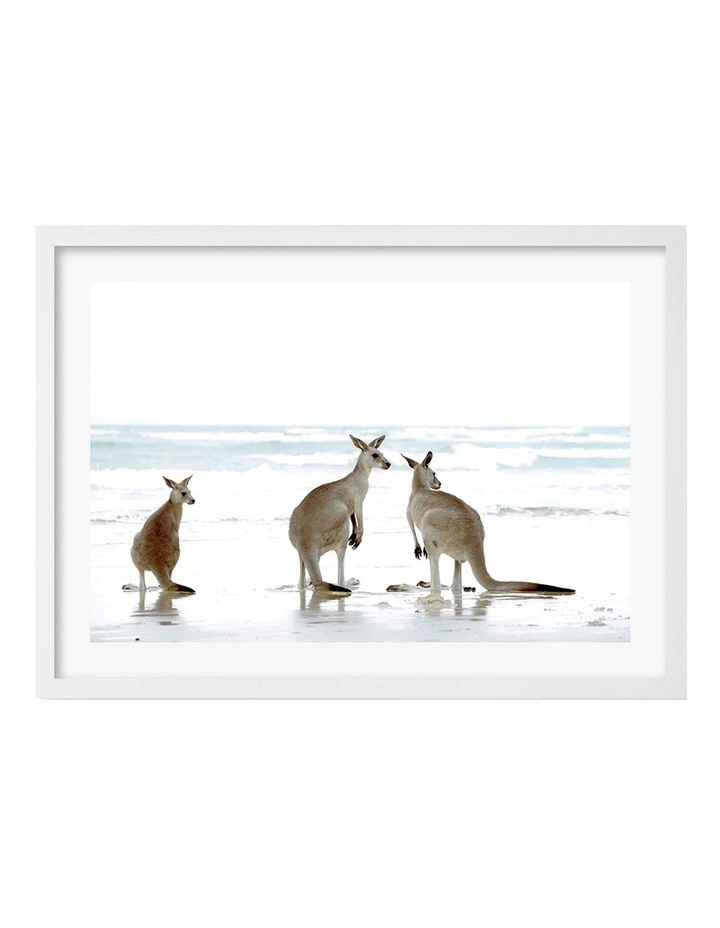 Australian Made Kangaroo Beach Art Print A3 in White Frame