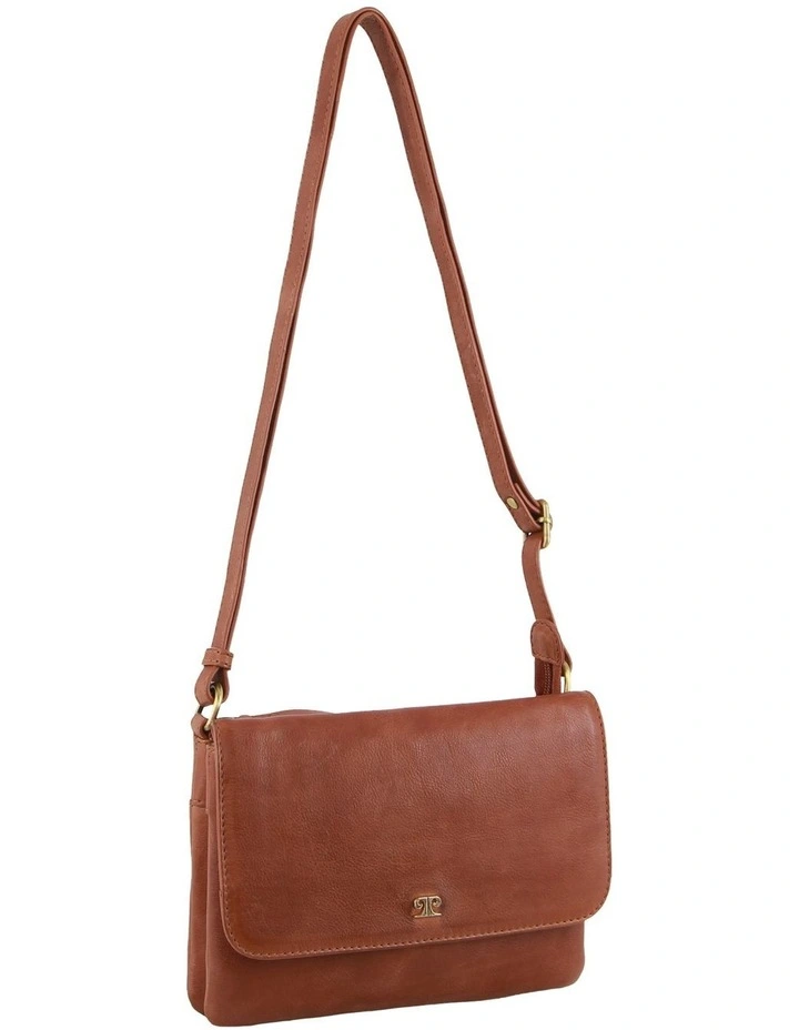 Leather Flap-Over Crossbody Bag in Tan