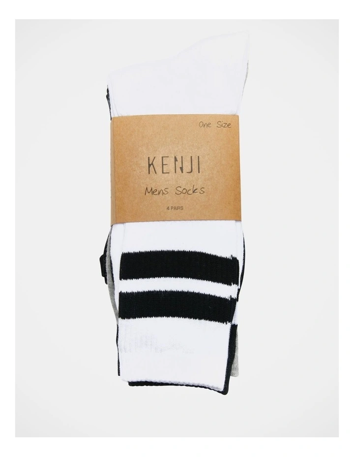 4 Pair Sports Crew Rib Socks in White/Black/Grey Stripe
