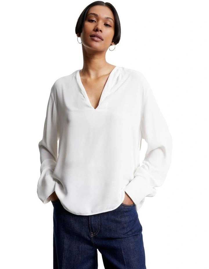 Crepe V-Neck Relaxed Blouse in White