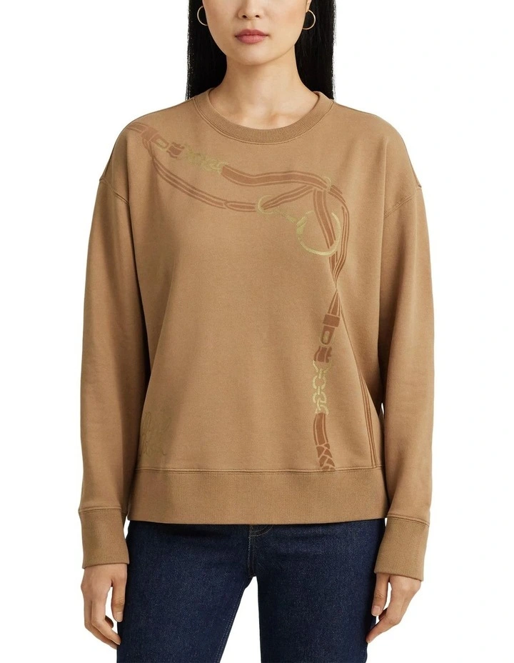 Belting-Print French Terry Pullover in Beige