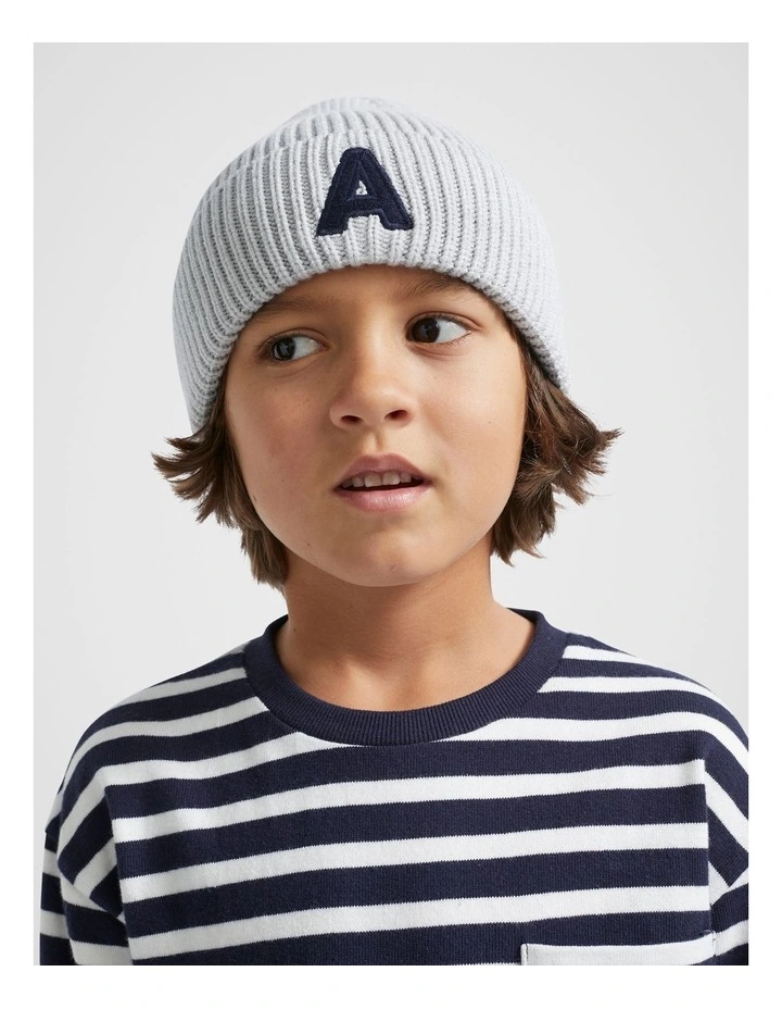Rib Initial Beanie D in White