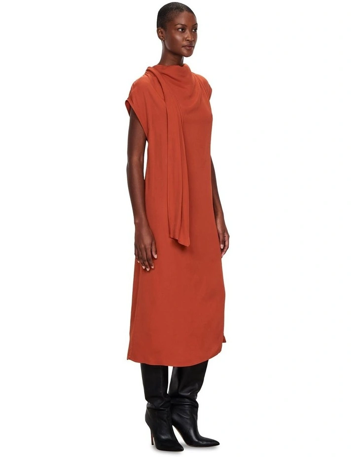 European Twill Scarf Neck Dress in Clay